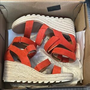 Sorel Red/Orange Heels with Bold Straps and High Wedge